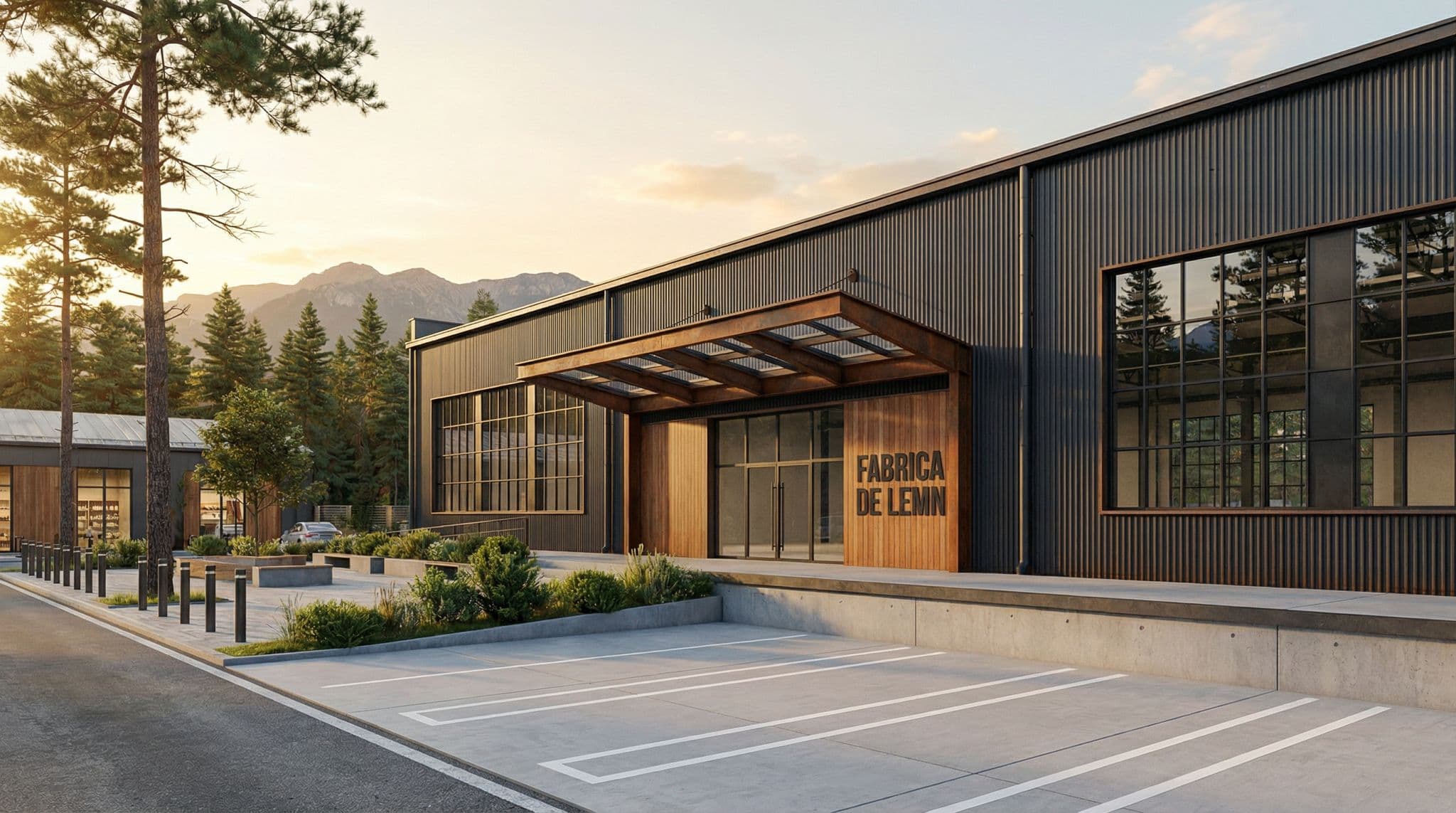 Azuga Hub — Retail · F&B · Fabrica de Lemn — Fabrica de Lemn — pavilion industrial cu intrare lemn + corten