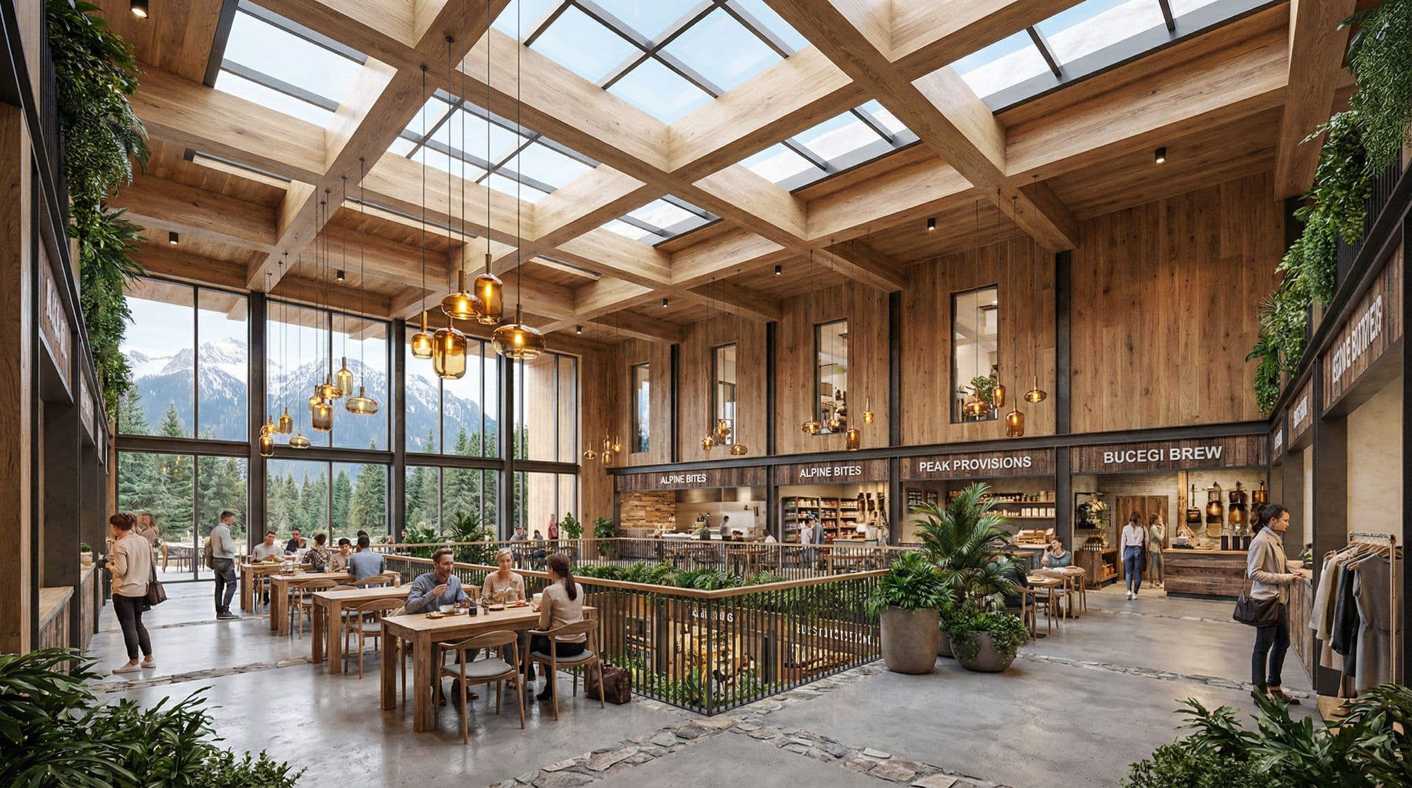 Azuga Hub — Retail · F&B · Fabrica de Lemn — Food court interior — timber-frame, luminatoare, F&B local