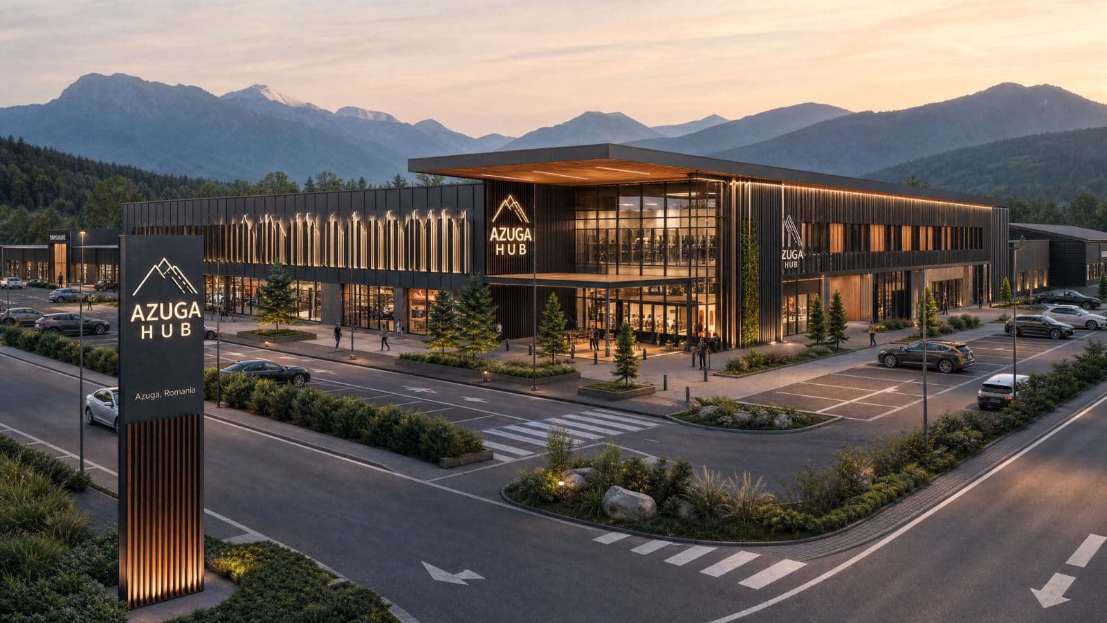 Azuga Hub — Retail · F&B · Fabrica de Lemn — Fațada principală — accent montan, scuptură terasă acoperită