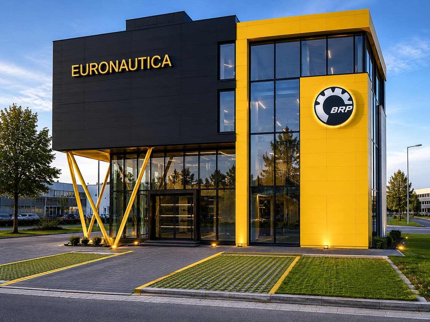 Construire sediu administrativ S+P+2E — Sediul Euronautica 2 — Randare — intrare principală, volumetrie negru + galben