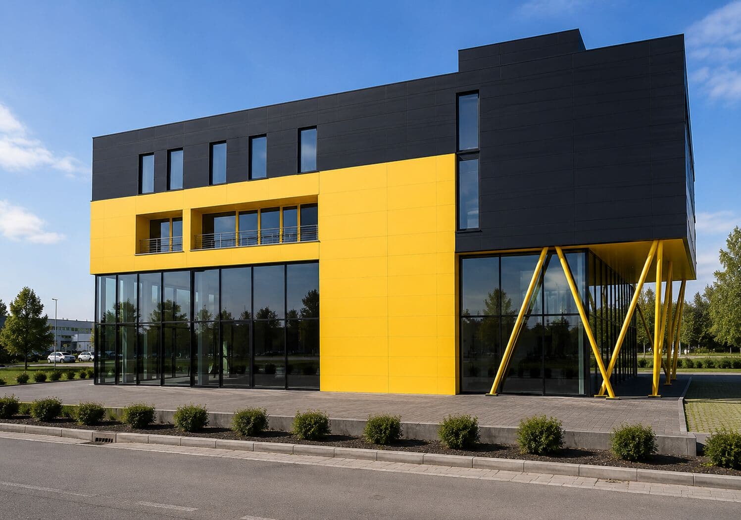 Construire sediu administrativ S+P+2E — Sediul Euronautica 2 — Randare — fațada principală cu accent yellow box + structură exterioară