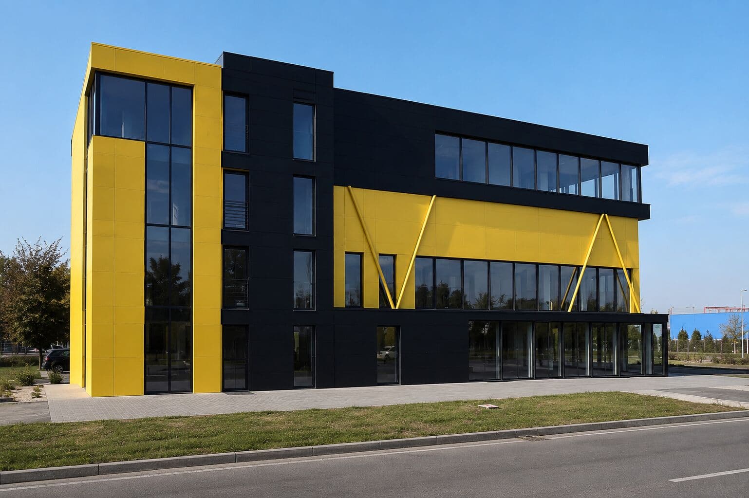 Construire sediu administrativ S+P+2E — Sediul Euronautica 2 — Randare — fațada laterală, ritm vertical + vitrine generoase parter